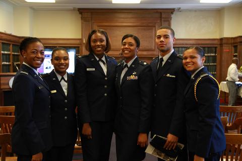 Air Force ROTC cadets gathered in founder's library